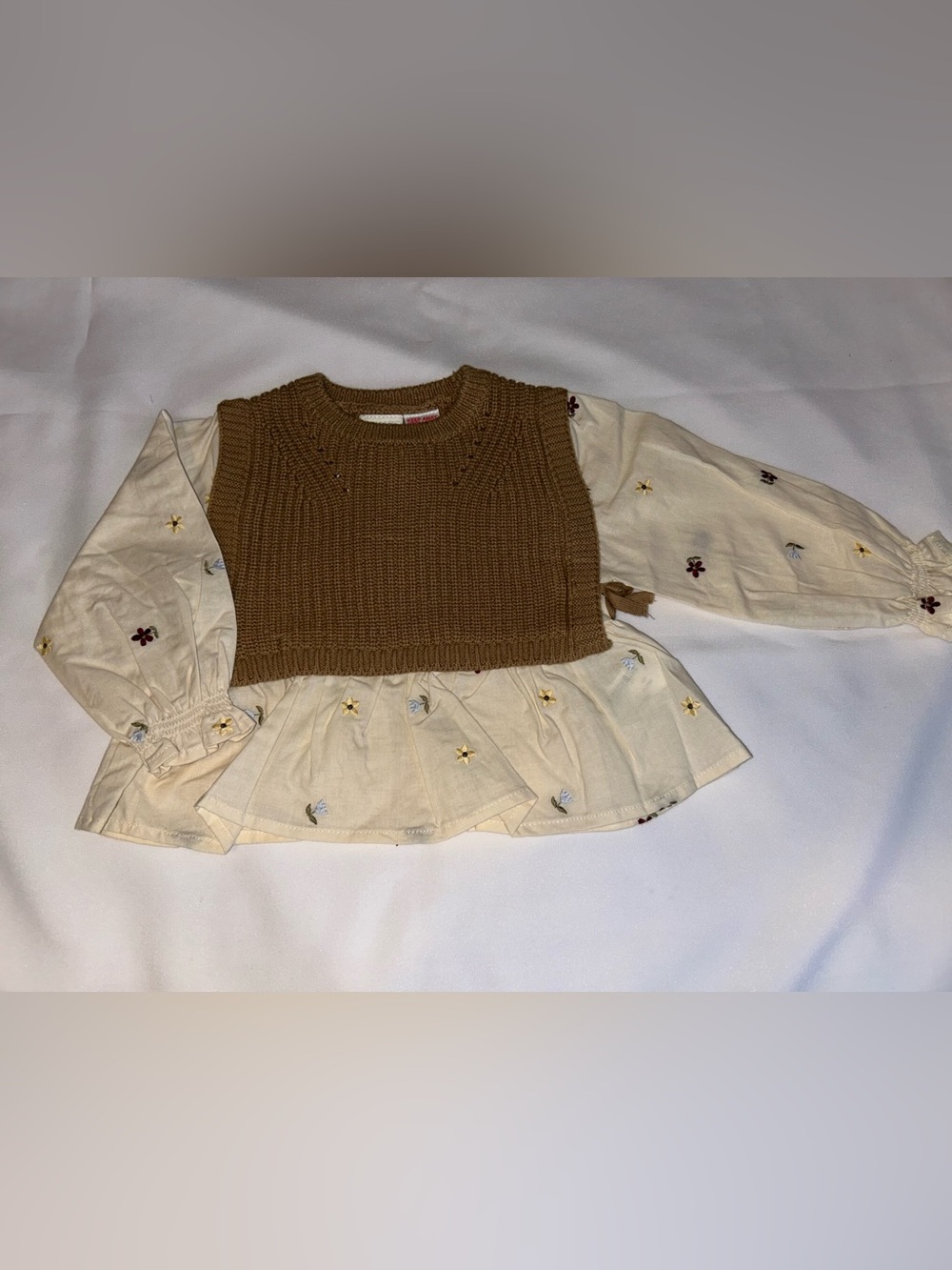 Zara Cream Floral Blouse with Brown Knit Vest